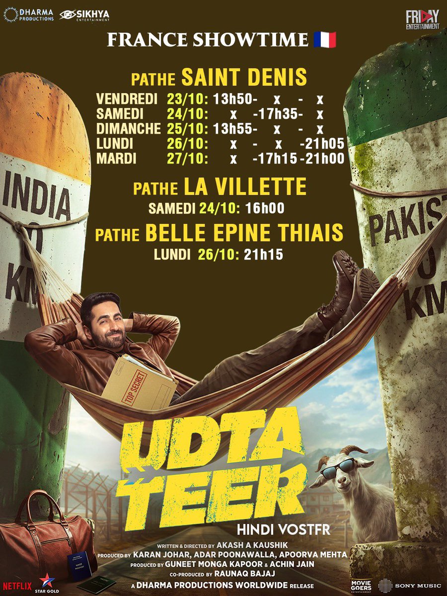 FridayEntmt's tweet photo. 🎬 UDTA TEER – FRANCE SHOWTIMES 🇫🇷

📍 Pathé Saint-Denis
23/10: 1:50 PM
24/10: 5:35 PM
25/10: 1:55 PM
26/10: 9:05 PM
27/10: 5:15 &amp; 9 PM

📍 Pathé La Villette
24/10: 4 PM

📍 Pathé Belle Épine
26/10: 9:15 PM

🎞️ Hindi with French subtitles
🎟️ Limited shows! Book now!

#UdtaTeer https://t.co/46q77EpgYa