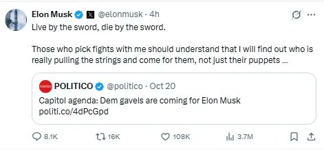 YourAnonCentral's tweet photo. Elon Musk, Trump's largest financial backer, threatens US elected officials against launching investigations into Starlink/Ukraine sabotage, federal contracts, DOGE actions, and other potentially criminal issues.  

"Live by the sword, die by the sword," the billionaire said. https://t.co/Ni4Ztg4ALp