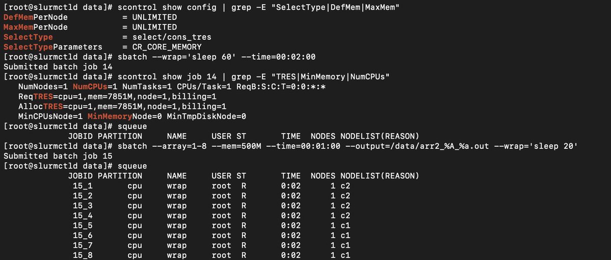 arshmalik02's tweet photo. a 1-cpu job took a whole 4-cpu node.
AllocTRES: cpu=1,mem=7851M
CR_CORE_MEMORY + DefMemPerNode=UNLIMITED meant every job asked for all the memory.
my array ran 2 at a time. with --mem=500M, 8 at once. https://t.co/fkvHkZk1VQ