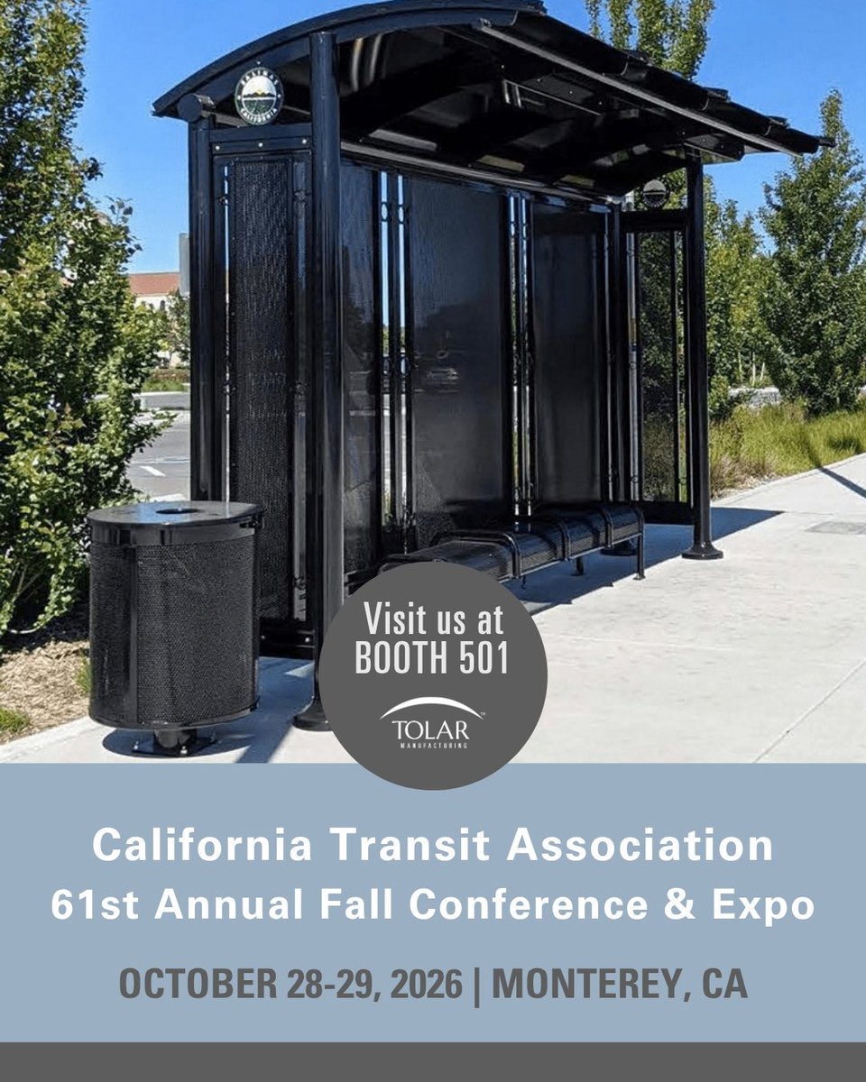 TolarMfg's tweet photo. Tolar is attending @caltransit's 61st Annual Fall Conference &amp; Expo in Monterey, October 28–29, 2026! 🚍 

We're looking forward to connecting with transit leaders, exploring innovative solutions, and sharing how Tolar's products support safer and more equitable communities. https://t.co/qZ8Ew1R1ES