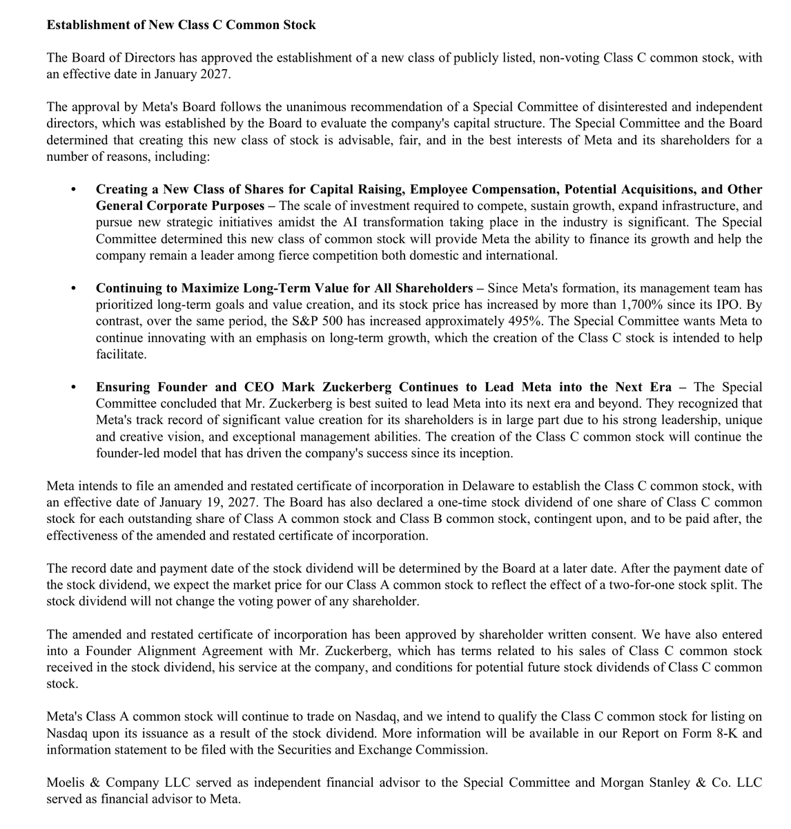 TheTranscript_'s tweet photo. $META Meta Announces New Class C Common Stock
— Introduces publicly listed, non-voting Class C shares effective January 19, 2027.
— Shareholders to receive one Class C share per Class A or B share, effectively a 2-for-1 stock split.
— New shares intended to fund AI investments, acquisitions & employee compensation.
— Structure preserves Zuckerberg's control and existing shareholder voting rights.
— Class C shares expected to list on Nasdaq.