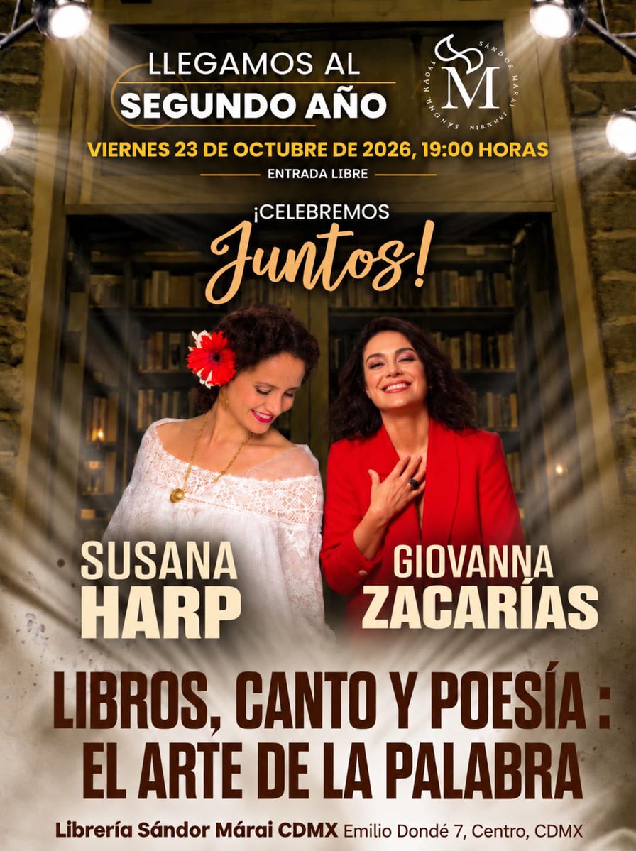 SandorMaraiLib's tweet photo. ¡La Librería @SandorMaraiCDMX celebra 2 años con un fin de semana literario! 🎉

📖 22 oct: #EnriqueSerna presenta El dios hambriento, con @AlbertoRuy y @Javier_Corral.
🎶 23 oct: @SusanaHarp y @lazacarias presentan Libros, Canto y poesía.

🔎Más info: https://t.co/TFZVdYnmxF https://t.co/qn6v3m8bQY