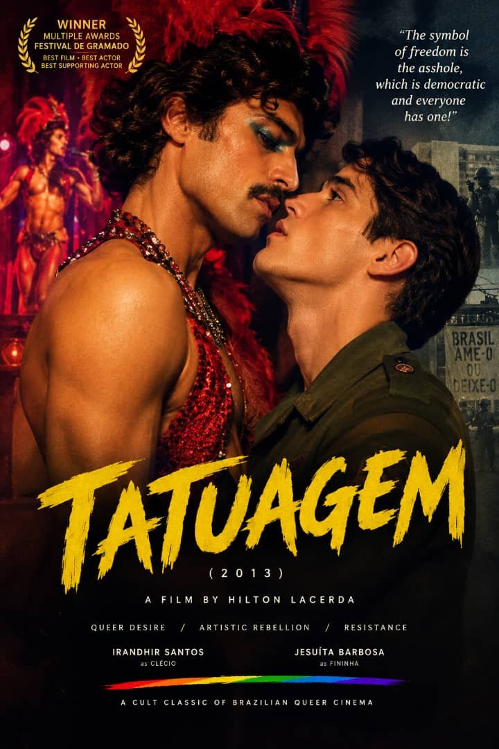 Babsphemii's tweet photo. Tatuagem (2013) 🇧🇷🏳️‍🌈

Recife, 1978. As Brazil’s military dictatorship tightens its grip, a young soldier, Fininha (Jesuíta Barbosa), is drawn into the wild, provocative world of Chão de Estrelas, an anarchic cabaret troupe led by the charismatic Clécio (Irandhir Santos). What begins as fascination soon blossoms into a passionate, forbidden romance.

Bold, erotic, and fiercely political, Hilton Lacerda’s debut feature celebrates queer desire, artistic rebellion, and the courage to defy oppression through love and performance.

Winner of multiple awards at the Festival de Gramado, Tatuagem is a powerful celebration of freedom, identity, and resistance.

“The symbol of freedom is the asshole, which is democratic and everyone has one!”

A cult classic of Brazilian queer cinema. 🏳️‍🌈❤️