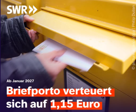 DirtyHarry_tv's tweet photo. Zum Glück werden Briefe nicht nur immer länger unterwegs, bis sie den Empfänger erreichen, sondern sie werden nun endlich auch wieder teurer.

Das Porto für Briefe soll ab dem kommenden Jahr so stark steigen wie noch nie: So werden etwa für Standardbriefe und Postkarten 1,15 Euro statt 95 Cent fällig. Auch andere Briefarten werden teurer. Welche Preise künftig für Pakete erhoben werden, will die Deutsche Post zu einem späteren Zeitpunkt bekanntgeben.