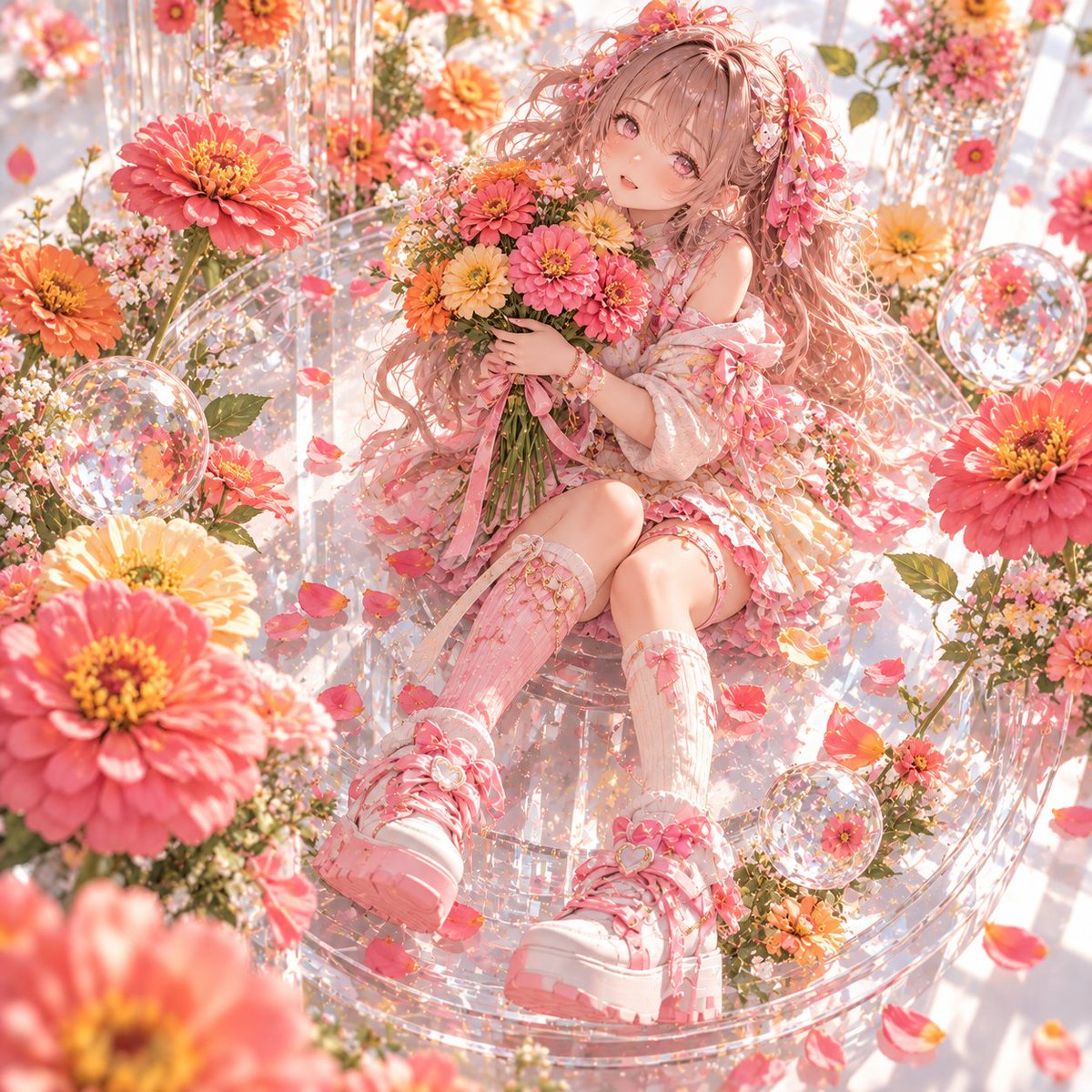 HiLoRy4enjoy's tweet photo. 🌸 花言葉シリーズ
Character × Birth Flower

10月22日　ジニア（百日草）🌼

花言葉
「不在の友を思う」「絆」「幸福」

ピンク、オレンジ、黄色。
色とりどりの花を、長い季節にわたって咲かせるジニア。

今日の主役は、花園 ぱる。🩷

今回のテーマは「離れていても、ずっと友達」。

大好きな友達と毎日会えたら、きっと楽しい。

でも、住む場所が変わったり、お互いに忙しくなったり。
いつの間にか、会えない日が増えることもあります。

それでも、久しぶりに話せば昨日の続きみたいに笑い合える。

そんな関係って、素敵ですよね。

ぱるが抱えているのは、色鮮やかなジニアの花束。

一輪一輪に、大切な友達との思い出を詰め込んで。💐

「次に会ったら、話したいことがいっぱい！
だから、その日まで元気でいてね♡」

離れていても変わらない友情を、ぱるらしい明るい色彩で表現した一枚です。🎀

花園 ぱる × ジニア

#四葉荘 #花言葉シリーズ #AIイラスト