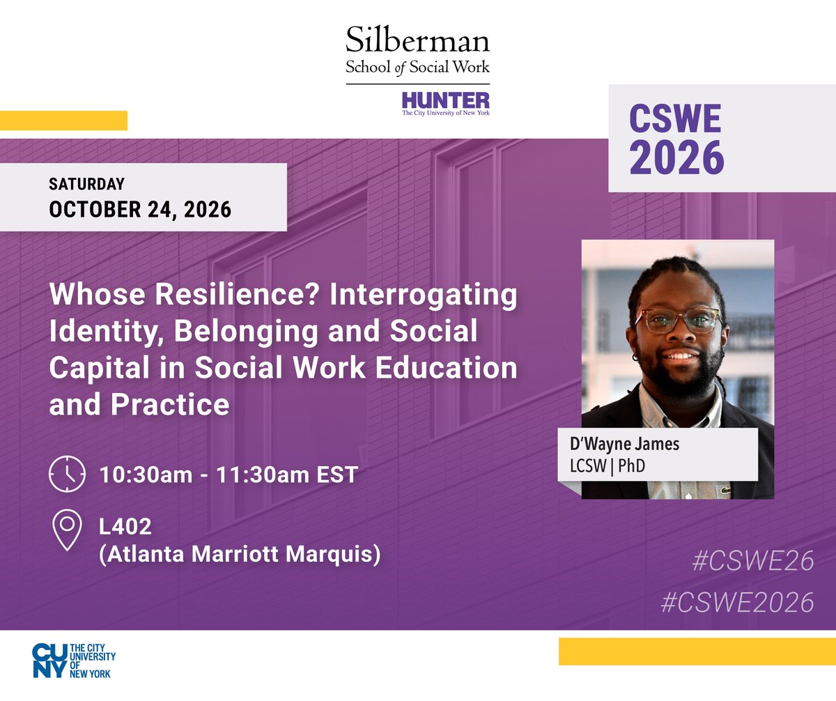 silbermanssw's tweet photo. Congratulations to Assistant Professor D'Wayne James on moderating at the #CSWE2026 Annual Conference in Atlanta! Attending? Join Prof. James in room L402!

Learn more: https://t.co/qqsxeqRdYP

#CSWE26 #SocialWork #SilbermanSSW https://t.co/avsrKC13sJ