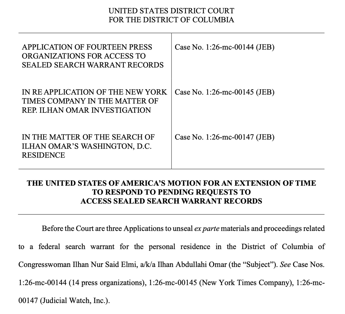 willchamberlain's tweet photo. BREAKING: the federal search warrant against Ilhan Omar names her as "Ilhan Nur Said Elmi, a/k/a Ilhan Abdullahi Omar," indicating that DOJ believes she is present in the United States under a false identity!

Revealed in a scheduling order today from DDC https://t.co/rMzqHPoTfF