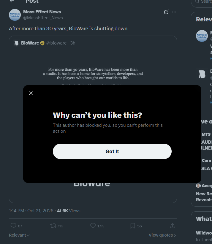 DaveShapi's tweet photo. Why did they block me over this? I was criticizing BioWare and EA. 

Whatever. https://t.co/exGPk9Cs7E