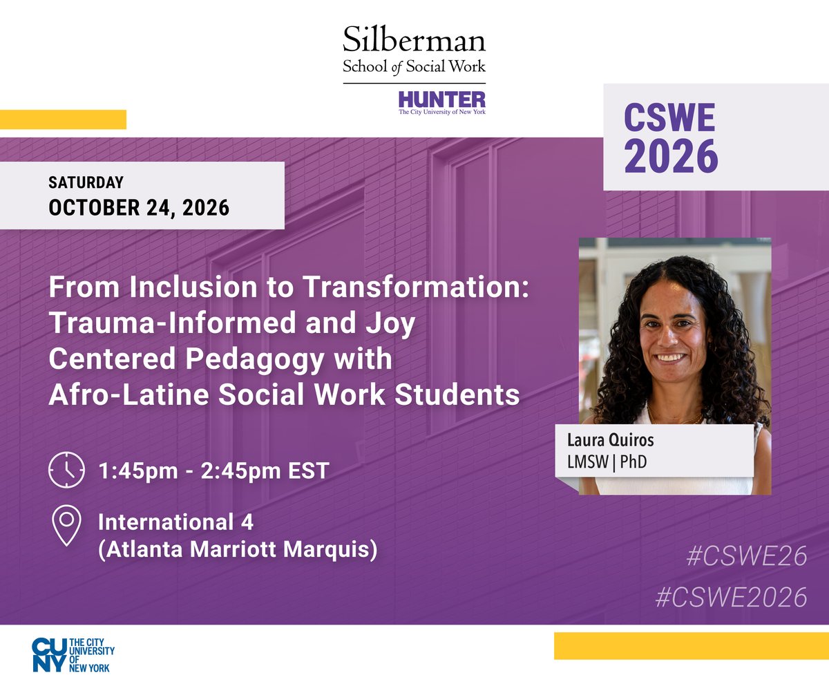silbermanssw's tweet photo. Congratulations to Associate Professor Laura Quiros on presenting at the #CSWE2026 Annual Conference in Atlanta! Attending? Join Prof. Quiros in the International 4 Room!

Learn more: https://t.co/ggvis3lZaA

#CSWE26 #SocialWork #SilbermanSSW https://t.co/oRPeZflv3p