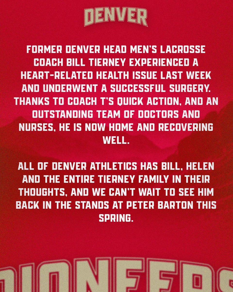 DU_MLAX's tweet photo. Our thoughts are with former head coach Bill Tierney and his family. Wishing him a speedy recovery!

#GoPios https://t.co/DE5jYyINCU