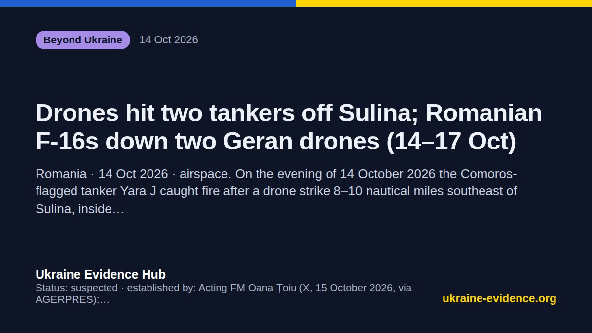 UkraineEvidence's tweet photo. 🌍 Beyond Ukraine — Russian hostile acts abroad, as established by courts and governments
Drones hit two tankers off Sulina; Romanian F-16s down two Geran drones (14–17 Oct) (Romania, 14 Oct 2026). On the evening of 14 October 2026…
Sources and the full record: link in bio https://t.co/Xp41eadPDq