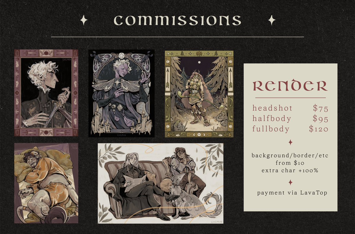 exemiin's tweet photo. COMMISSIONS!

just decided to update my price list and also added new options
payment via LavaTop (PayPal, card)

DM me if you’re interested
also I'd be very grateful for RTs!

#Commission #CommissionsOpen https://t.co/qpbqx6iODI