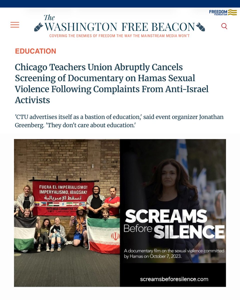 FreedomFdtn's tweet photo. The Chicago Teachers Union’s event space hosted a Marxist, anti-Israel conference in July, where speakers praised the Oct. 7 attacks.

But a documentary on the sexual violence Hamas committed that day? Canceled two days before the screening. https://t.co/98saHyV55x