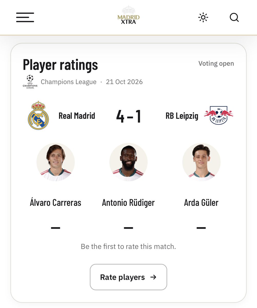 MadridXtra's tweet photo. 🚨 FAN PLAYER RATINGS vs RB Leipzig are LIVE!  

Vote for your MOTM here:

https://t.co/dw8n3gjTat https://t.co/PU1GDqgGZF