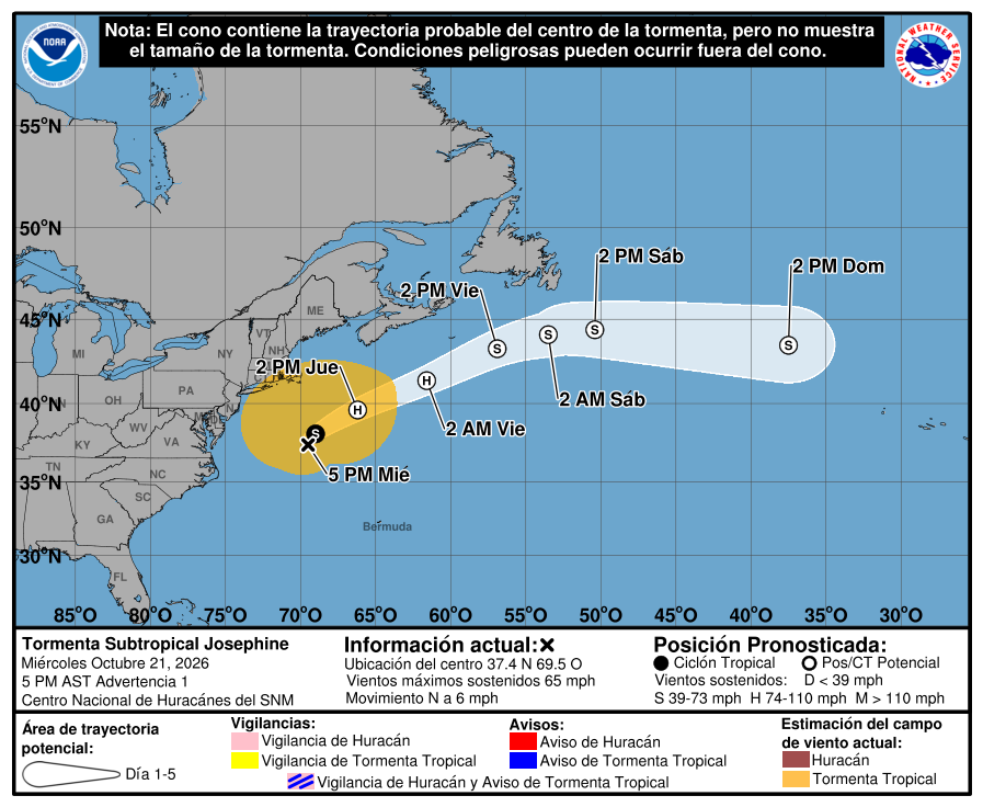CycloforumsPR's tweet photo. A las 500 PM AST (2100 UTC), el centro de la Tormenta Subtropical Josephine se localizó cerca de la latitud 37.4 Norte, longitud 69.5 oeste. Josephine se está moviendo hacia el norte cerca de 6 mph (9 km/h). La tormenta debe girar hacia el noreste mañana con un gran
aumento en la velocidad de avance. En la trayectoria del ronóstico, Josephine debe alejarse de los Estados Unidos y permanecer al sur de Nueva Escocia y Terranova.
Los vientos máximos sostenidos están cerca de 65 mph (100 km/h) con ráfagas más altas. Se espera algún fortalecimiento, aunque se anticipa que Josephine siga siendo una tormenta subtropical hasta la primera hora del jueves. Es probable que se fortalezca aún más el
jueves por la noche, ya que Josephine se convierta en un ciclón postropical con vientos con fuerza de huracán.