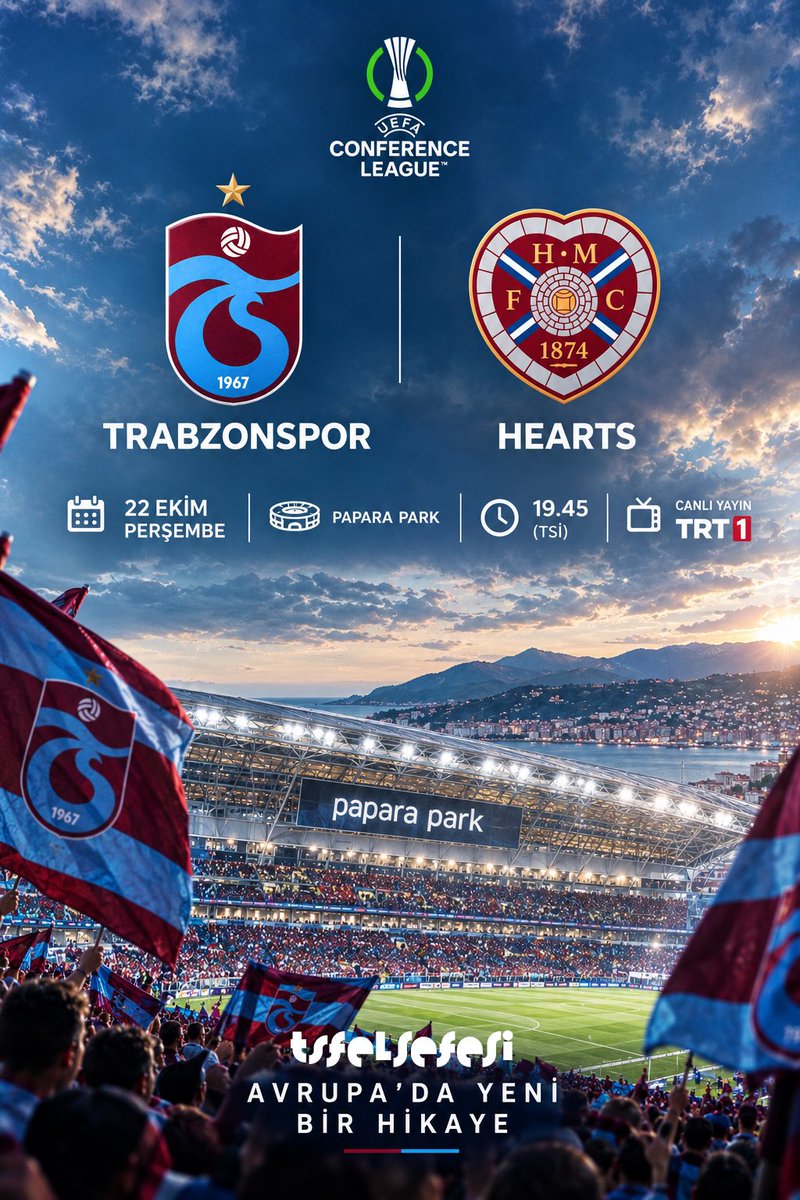 TSfelsefesi's tweet photo. 🇹🇷 AVRUPA’DA KARADENİZ FIRTINASI ZAMANI! 🌪��⚽🅱️Ⓜ️

🏆 UEFA Konferans Ligi
⚔️ Trabzonspor 🆚 Hearts
🏟️ Papara Park
📅 22 Ekim Perşembe
⏰ 19.45 (TSİ)
📺 TRT 1
#Trabzonspor #Hearts #UECL #UEFAConferenceLeague 
💙❤️ Büyük mücadele, toplu hücum toplu savunma! https://t.co/p9u9vmo0Rv
