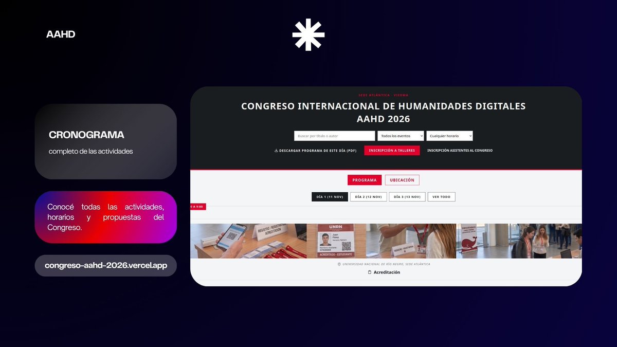 aahdArg's tweet photo. 📲 ¡YA PODÉS CONSULTAR EL CRONOGRAMA DEL VII CONGRESO DE LA AAHD!

Creamos un espacio web para que puedas conocer las actividades, explorar las propuestas y organizar tu participación en el congreso.

#HumanidadesDigitales #UNRN #Viedma #CongresoAAHD https://t.co/yiVqSZ6bJX