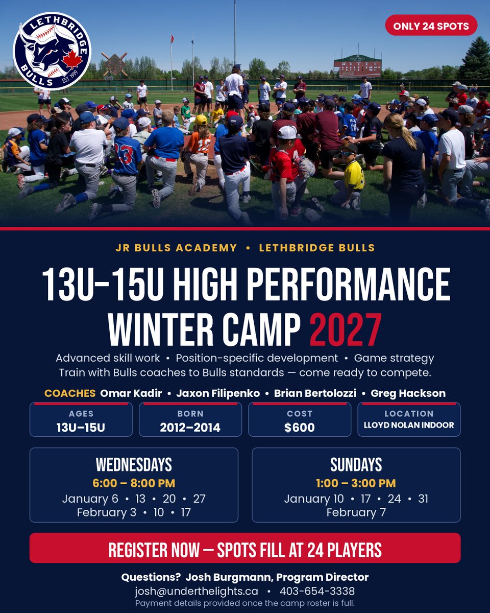 PrairieBaseball's tweet photo. 🚨 REGISTRATION OPEN 🚨
Jr Bulls 13U–15U High Performance Winter Camp 2027 ⚾️
📍 Lloyd Nolan Indoor Facility
🗓 Wed 6–8 PM &amp; Sun 1–3 PM (Jan–Feb)
💲 $600 | Born 2012–2014 | Only 24 spots!
Register: https://t.co/7KXz17p408 https://t.co/2l8w6pmb2I