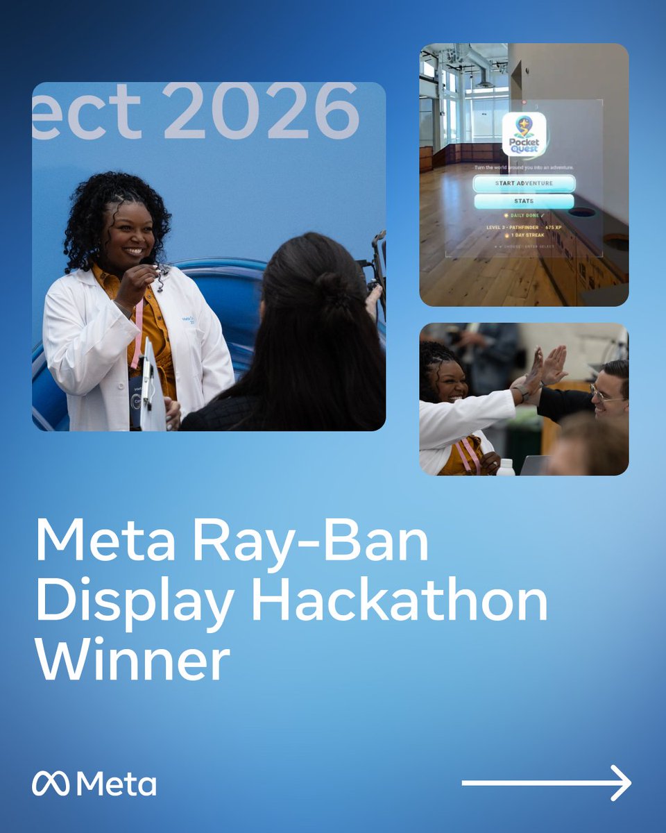 MetaforDevs's tweet photo. At our Meta Connect 2026 AI glasses hackathon, developers had 90 minutes to build with Muse Code. By the end, they were demoing new web apps for Meta Ray-Ban Display.

Congrats to @JoyReignVr, who took home the top prize with Pocket Quest, an experience that turns everyday surroundings into bite-sized adventures. 🏆

🔗 Start building web apps for Meta Ray-Ban Display 👉 https://t.co/jzaRiuoAII
🔗 Watch AI glasses sessions from Meta Connect 👉 https://t.co/6CDGrfApXM

#MetaAI #AIglasses #MuseCode #MetaConnect