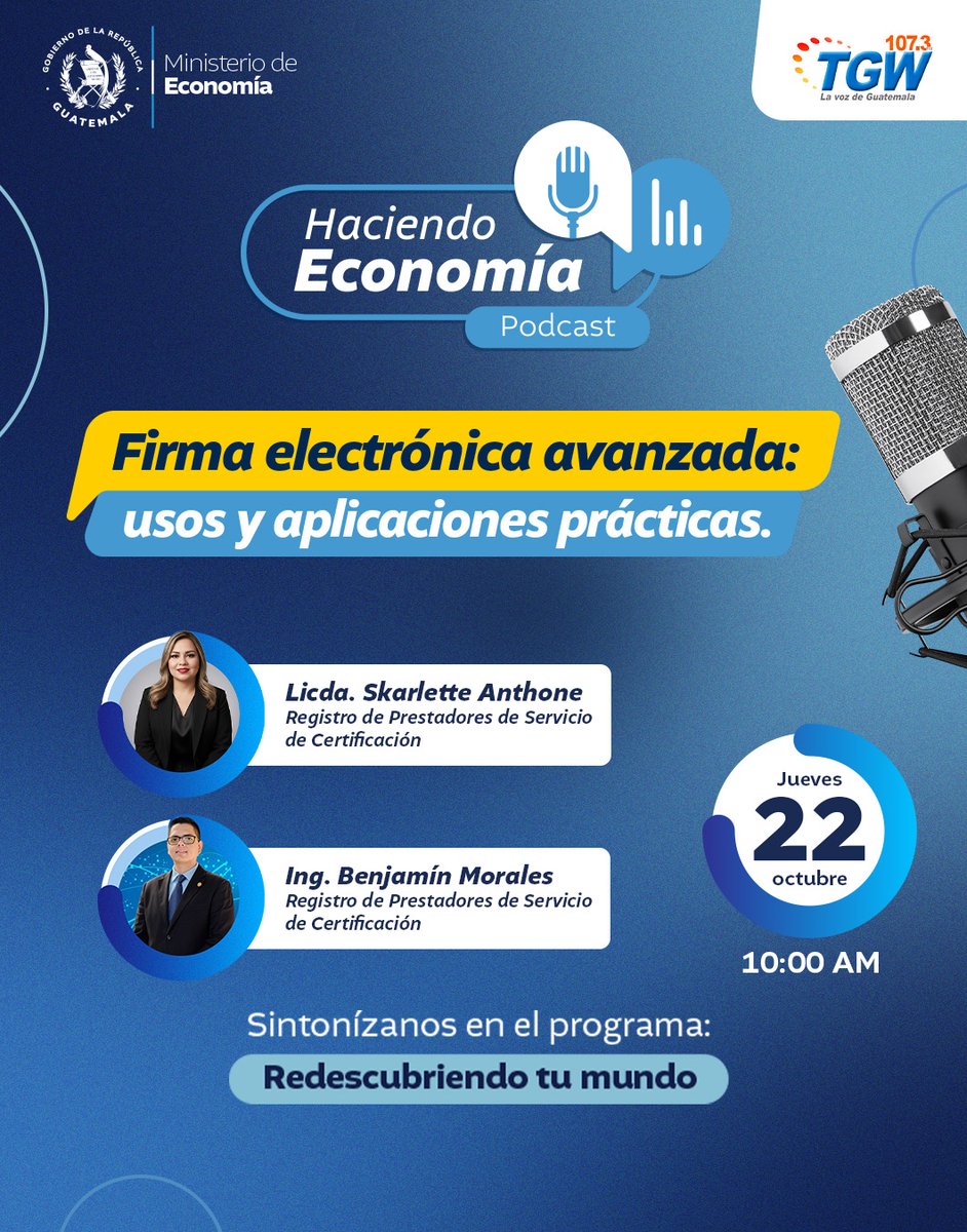 MINECOGT's tweet photo. Este jueves 22 de octubre, a las 10:00 a. m., acompáñanos en Haciendo Economía para conocer los usos prácticos de la firma electrónica avanzada y cómo aprovecharla en tus gestiones.

Sintonízanos por TGW, en el 107.3 FM, o sigue la transmisión en vivo a través del TikTok oficial de la radio.