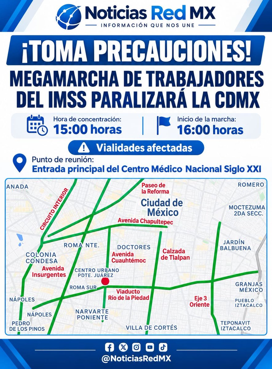 noticiasredmx's tweet photo. Tómelo en cuenta 🚨

Hoy habrá diversas movilizaciones en la #CDMX  

Lo cual colapsara algunas vialidades

#NoticiasRedMX https://t.co/NqgCTk14SY