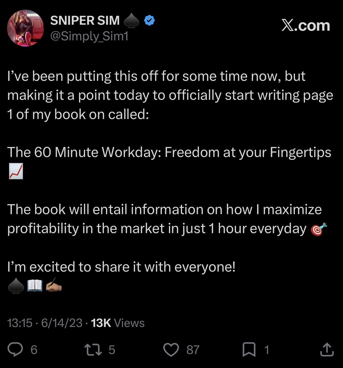 Simply_Sim1's tweet photo. 🚨After all of this time putting in work behind the scenes, I’m excited to share that I’m finally on track to finish my book next month!🚨

The 60-Minute Workday: Financial Freedom at Your Fingertips 🔥

These past few weeks have been my sprint. My goal has always been to turn my real-world experience in the markets into something valuable that other traders can learn from, implement, and benefit from. Now, I’m putting those experiences into a book filled with psychological strategies, insights, and tips designed to help traders become more intentional, identify opportunities, and capitalize on the market with greater confidence 💪🏽

This has been a long time coming and I’m proud of the work that’s gone into it. I really wanted to make sure I was creating something with actual substance - not just another book, but a resource built from experience, discipline, and a genuine passion for the markets 🫶🏽

Next week I go to Chicago to ring the opening bell at the CBOE and next month, I bring this vision one step closer to reality! ♠️📖 #PerAsperaAdAstra