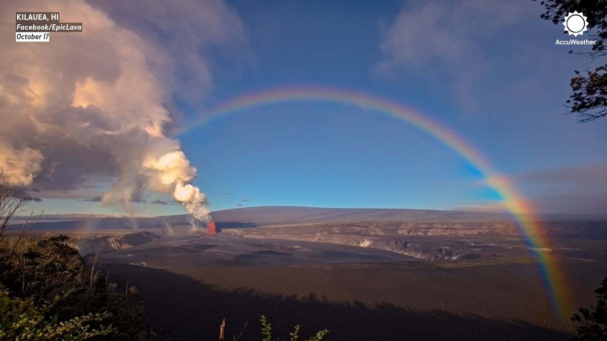 accuweather's tweet photo. Nature really put on a show! 🌈🌋🌪️ A rainbow stretched over Hawaii's Kilauea volcano as multiple dust devils swirled near the lava during its 55th eruptive episode. https://t.co/5LFhLITjm3