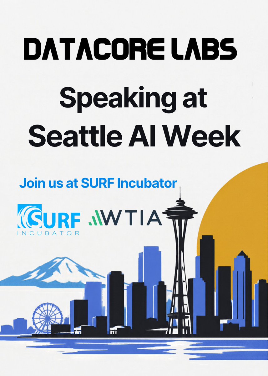DataCoreLabsAI's tweet photo. We’re excited to share that DataCore Labs will be speaking at #SeattleAIWeek, in partnership with the WTIA and SURF Incubator.

We will share what we’ve learned from running multi-agent AI systems on real capital for over a year: how specialist agents reach consensus, why teaching AI when not to act matters most, and where agentic AI is heading next.

If you’re in Seattle for AI Week, then contact us.