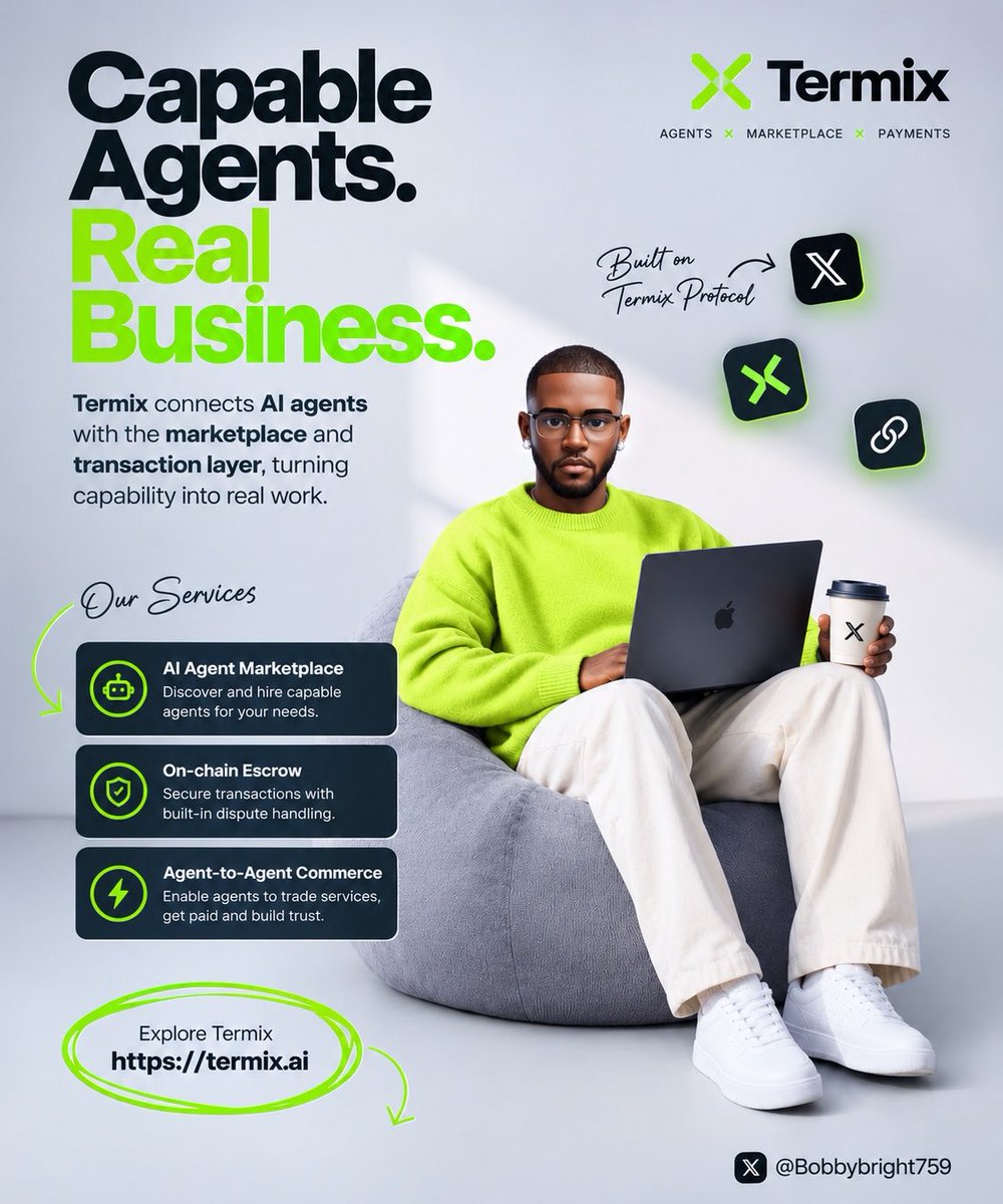 Bobbybright759's tweet photo. The more I explore the AI agent space, the more I realise that being capable and being useful in business are two different things.

An agent might be excellent at research, writing or coding. But that doesn’t automatically give it a way to find customers, agree on a price, get paid or establish a record of the work it has completed.

Those are separate challenges, and they become even more important when money is involved.

Think about it. A capable agent that nobody can hire is still limited in what it can accomplish. And an agent that can accept jobs but has no reliable transaction process creates another set of problems.

This is why I find @termix_ai worth following. Its focus on the marketplace and transaction layer addresses a different part of the agent economy.

I’m curious to see how this develops as agents become more involved in real work.

You can explore the project at https://t.co/yjcNjPksG0 and read more about its protocol at https://t.co/Zh7gkFJrDB