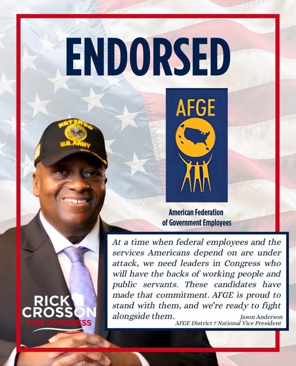 RickCrossonWI's tweet photo. I am proud to have the endorsement and support of the American Federation of Government Employees (AFGE) for my commitment to have the backs of working people and public servants https://t.co/hSMDIy08Dj