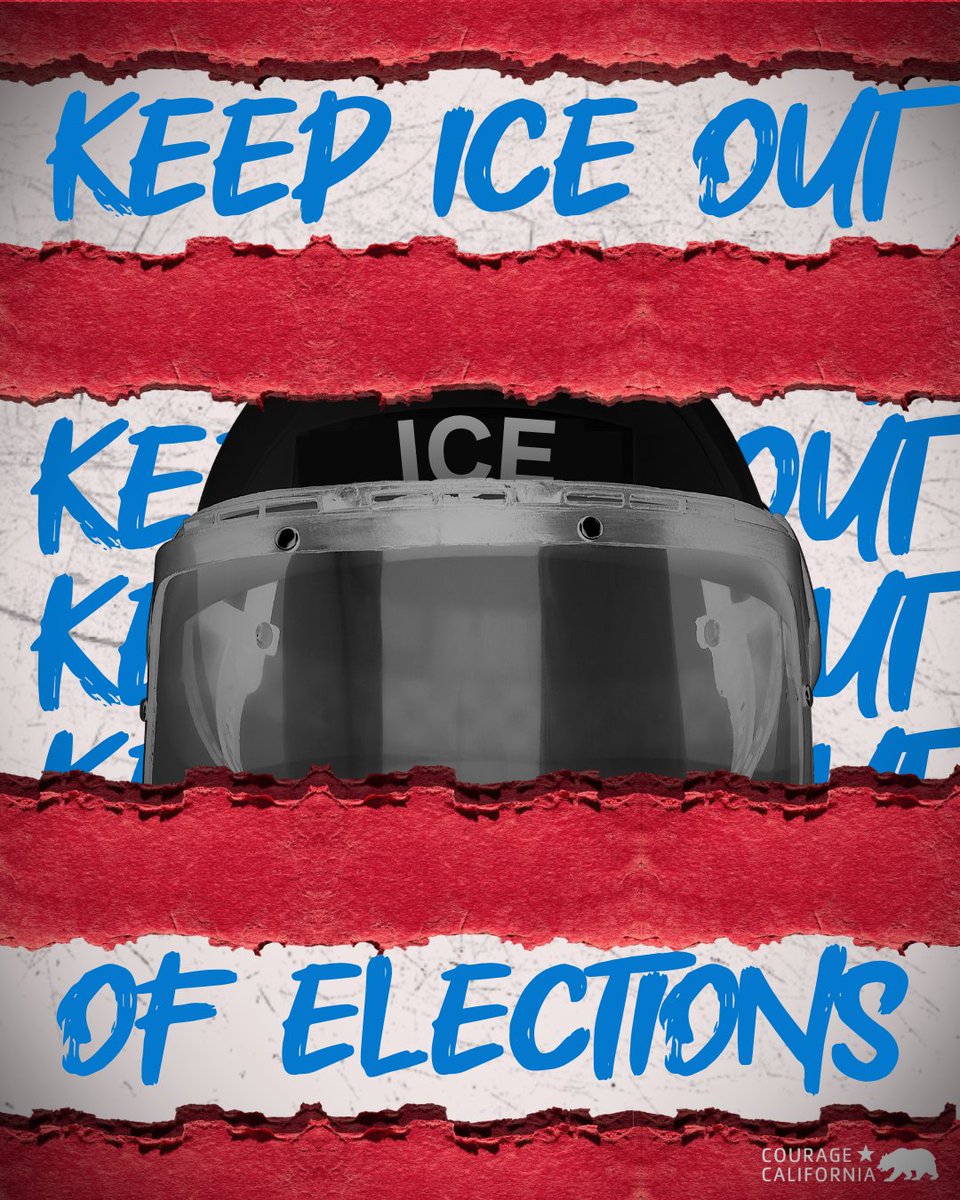 CourageCA's tweet photo. 🚫🗳️ Trump is openly trying to intimidate Californians and stop our vulnerable communities from voting in the November midterm elections by sending ICE to target and attack our communities.

📣 KEEP ICE OUT OF OUR ELECTIONS 🧊🔥 https://t.co/0RvU4Gkr5p