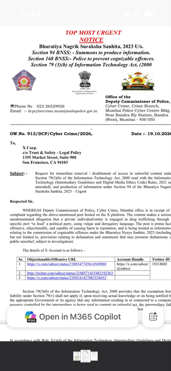 sabeer's tweet photo. Another Top Priority/Confidential Notice from “The Bharatiya Nagarik Suraksha Sanhita, 2023.” I have complied with this request as well. https://t.co/NXxr26HZUE