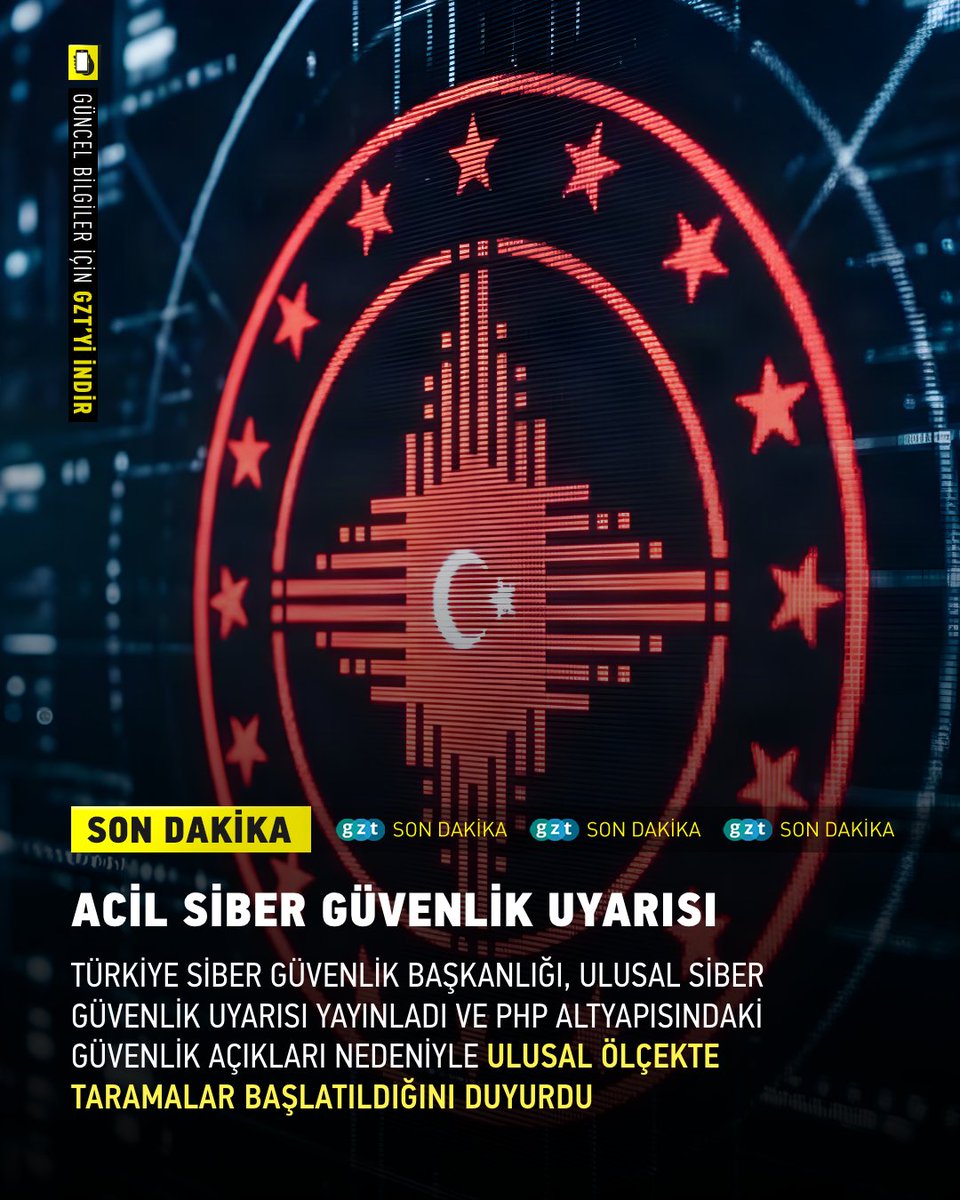 gztcom's tweet photo. 🔴Dünya genelinde PHP yazılım dilinde ortaya çıkan güvenlik açığı nedeniyle Avrupa'da kamuya ait birçok internet sitesi devre dışı kaldı

📌Cumhurbaşkanlığı Siber Güvenlik Başkanlığı, ulusal ölçekte tarama başlatarak kamu ve özel sektöre acil bildirim gönderdi. Sistemlerin güvenli sürümlere yükseltilmesi, yönetim arayüzlerine erişimin kısıtlanması ve ihtiyaç duyulmayan sistemlerin uluslararası trafiğe kapatılması istendi