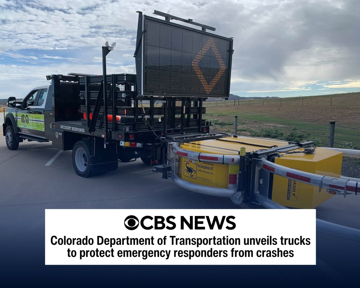 USDOT's tweet photo. Emergency responders are our unsung heroes on the road who risk their lives every day to attend to crash victims 🚒

@ColoradoDOT's new attenuator trucks will now protect these brave firefighters, police, tow operators, and EMS while saving millions in car replacement costs 🚑 @USDOTFHWA  

⬇️ @CBSNews