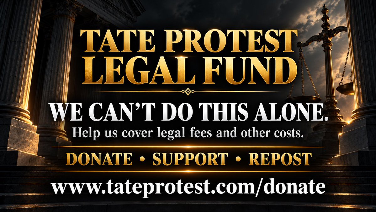 tateprotest's tweet photo. 🚨 TATE PROTEST LEGAL FUND

We can’t do this alone. Help us cover legal fees and other costs as we respond to the subpoena and keep Tate Protest’s coverage going.

They want to drain us of our resources. 

Every contribution helps. If you can’t donate, please repost.

https://t.co/fuxT76GgGG