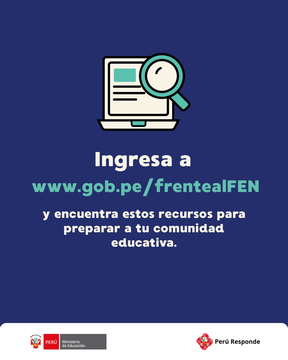 MineduPeru's tweet photo. 🌧️ ¡Herramientas digitales frente al FEN!

El Minedu pone a tu disposición diversos materiales digitales para prepararte ante el fenómeno El Niño. Ingresa a https://t.co/ItdnJkJHYO y encuentra recursos gratuitos para preparar a tu escuela.

#FrenteAlFenActuamosAhora #PerúResponde https://t.co/r9zSASvfaC