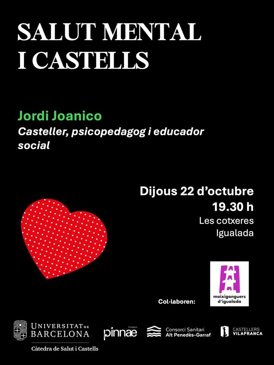 Verds's tweet photo. 🟢Demà dijous 22 d’octubre, xerrada de salut mental i castells!

👉🏼En aquesta ocasió, amb Jordi Joanico: casteller, psicopedagog i educador social.

📍La xerrada tindrà lloc a les 19:30 h a Les Cotxeres, Igualada!

💪🏼És una bona oportunitat per aprendre, reflexionar i continuar construint unes colles més saludables, també des del punt de vista emocional i psicològic.

Us animem a venir-hi!💚

#castellers 
#castells