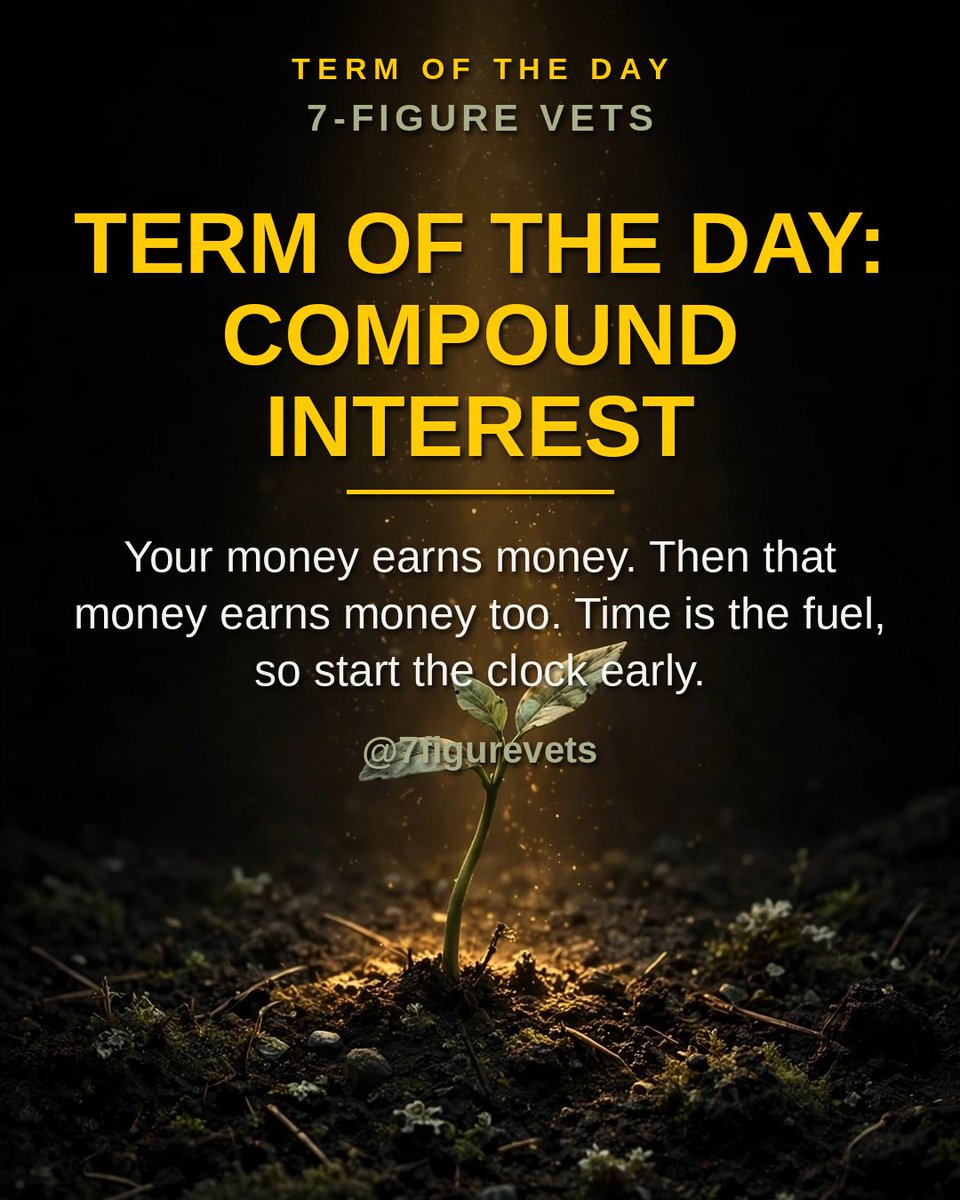 7figurevets's tweet photo. Compound interest is the closest thing to a money multiplier that actually exists... and it rewards whoever starts earliest. #CompoundInterest #Investing #MoneyEducation #7FigureVets #Veterans https://t.co/F99lRWUgjR