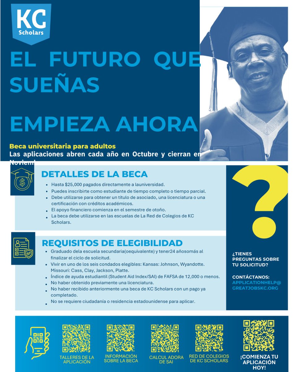 kcpublicschools's tweet photo. With the Great Jobs KC Adult Learner Scholarship, eligible adult learners who are 24+ and have not yet earned a bachelor's degree can receive up to $25,000 paid directly to their college!

Applications open now through Nov. 20 🎓

Learn more and apply >> https://t.co/s5N8qrzx0X https://t.co/achqUXRYIR