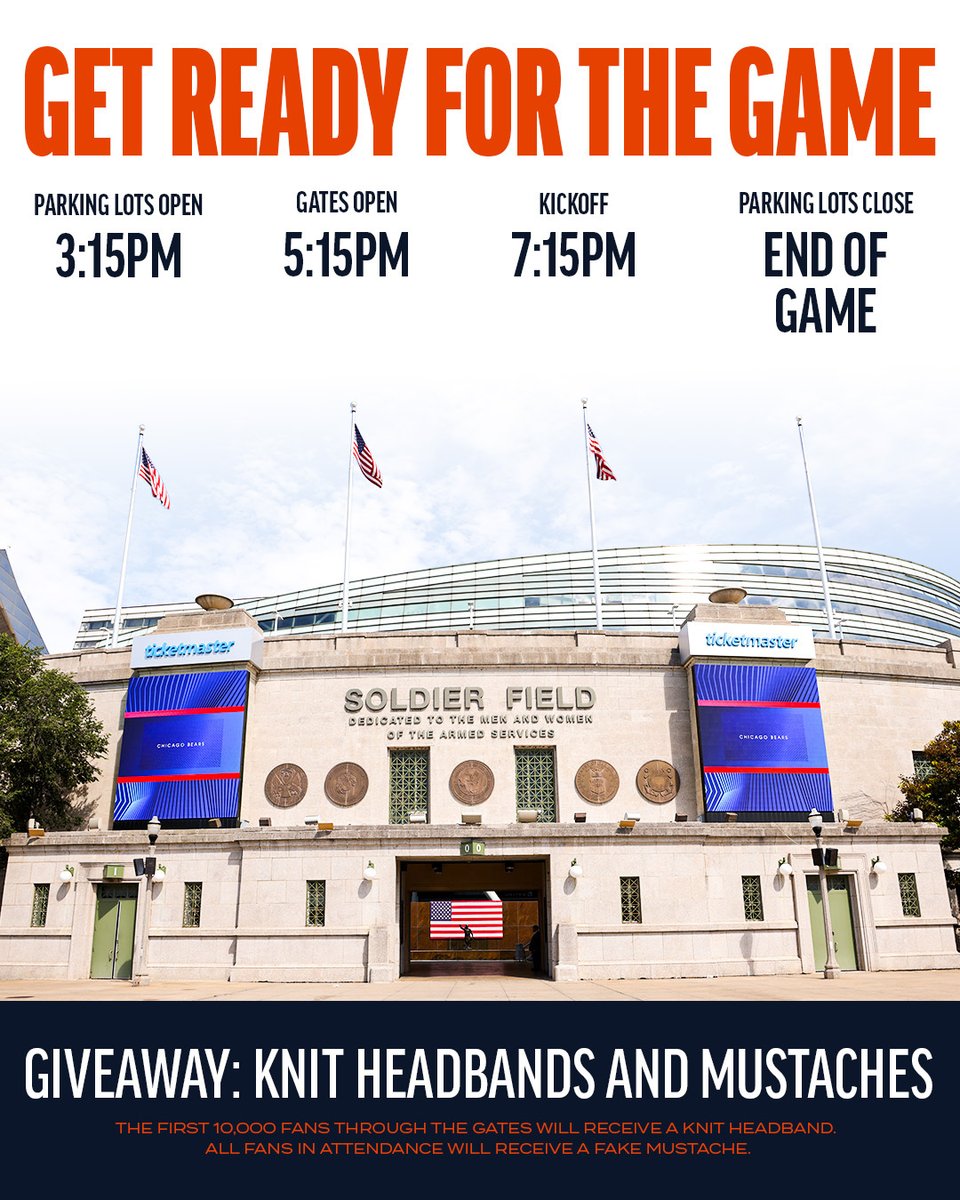 SoldierField's tweet photo. We’re ready for Primetime! Here is everything you need to know ahead of Thursday’s game:

🅿️: Parking Lots Open at 3:15PM
🏟️: Gates Open at 5:15PM
🏈: Kickoff at 7:15PM https://t.co/oKMPpuV2H1