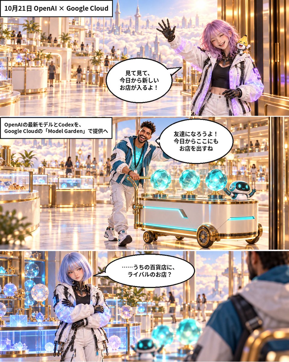 hyperhouse_ai's tweet photo. ライバル同士のAIが、同じお店に並ぶ時代？ OpenAIのモデルが、GoogleのクラウドGoogle Cloudでも使えるようになります。百貨店に出店する漫画で、何が変わるのかを紹介します。 #ハイパーハウス #生成AI https://t.co/v6mFYBGBBj
