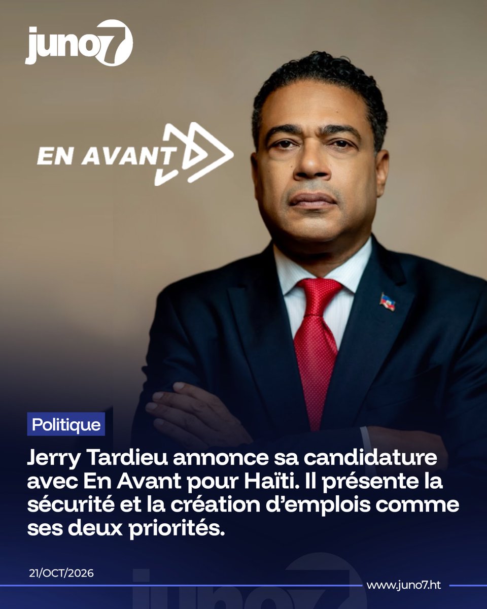 juno7's tweet photo. .@JerryTardieu annonce sa candidature à la présidence sous la bannière d’En Avant pour Haïti et présente ses propositions en matière de sécurité et d’emploi.

Lire l’article 👉🏾 : https://t.co/bfHyWKa4KK https://t.co/dndEmzRGLf