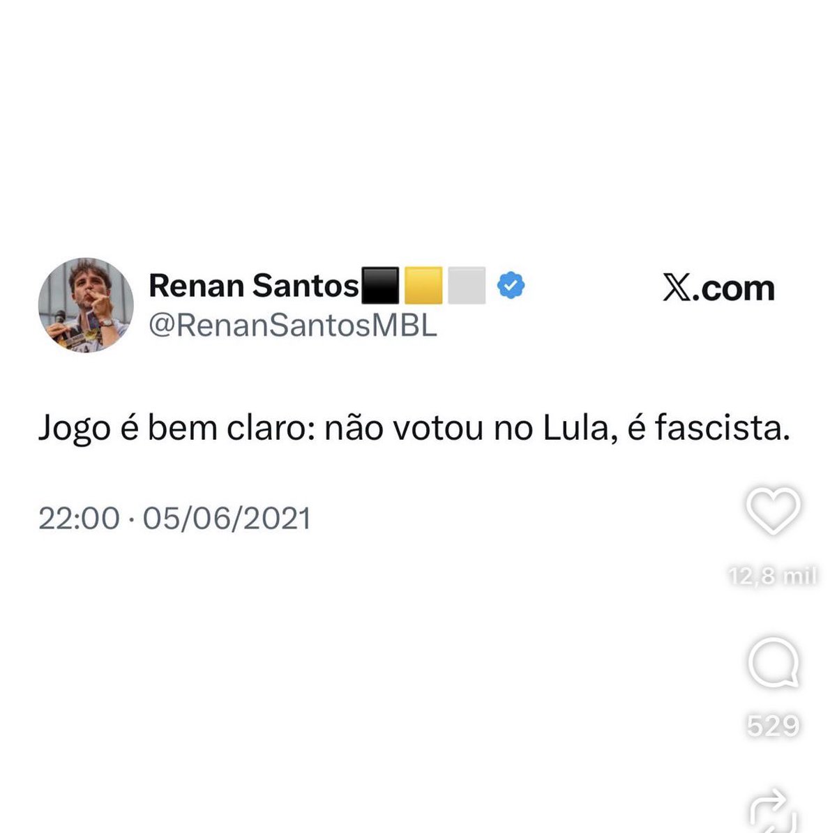 Zedeabreu's tweet photo. Erro, todos cometemos. Em 2021, @RenanSantosMBL também usou a palavra fascista a nosso favor. A sua Missão é defender a democracia. É 13 ou o fim da Missão. https://t.co/NNHinQQqUe