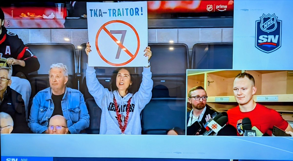 guyfelicella's tweet photo. Trump-loving Brady Tkachuk's return to Ottawa was a NIGHTMARE. 😂🇨🇦

Booed relentlessly, hit hard, jerseys thrown on the ice, and chants of “Brady sucks!” ringing through the arena.

Oh, and his team got absolutely crushed.

Welcome back to Canada, Brady! 🇨🇦 https://t.co/6VCjYbbKVo