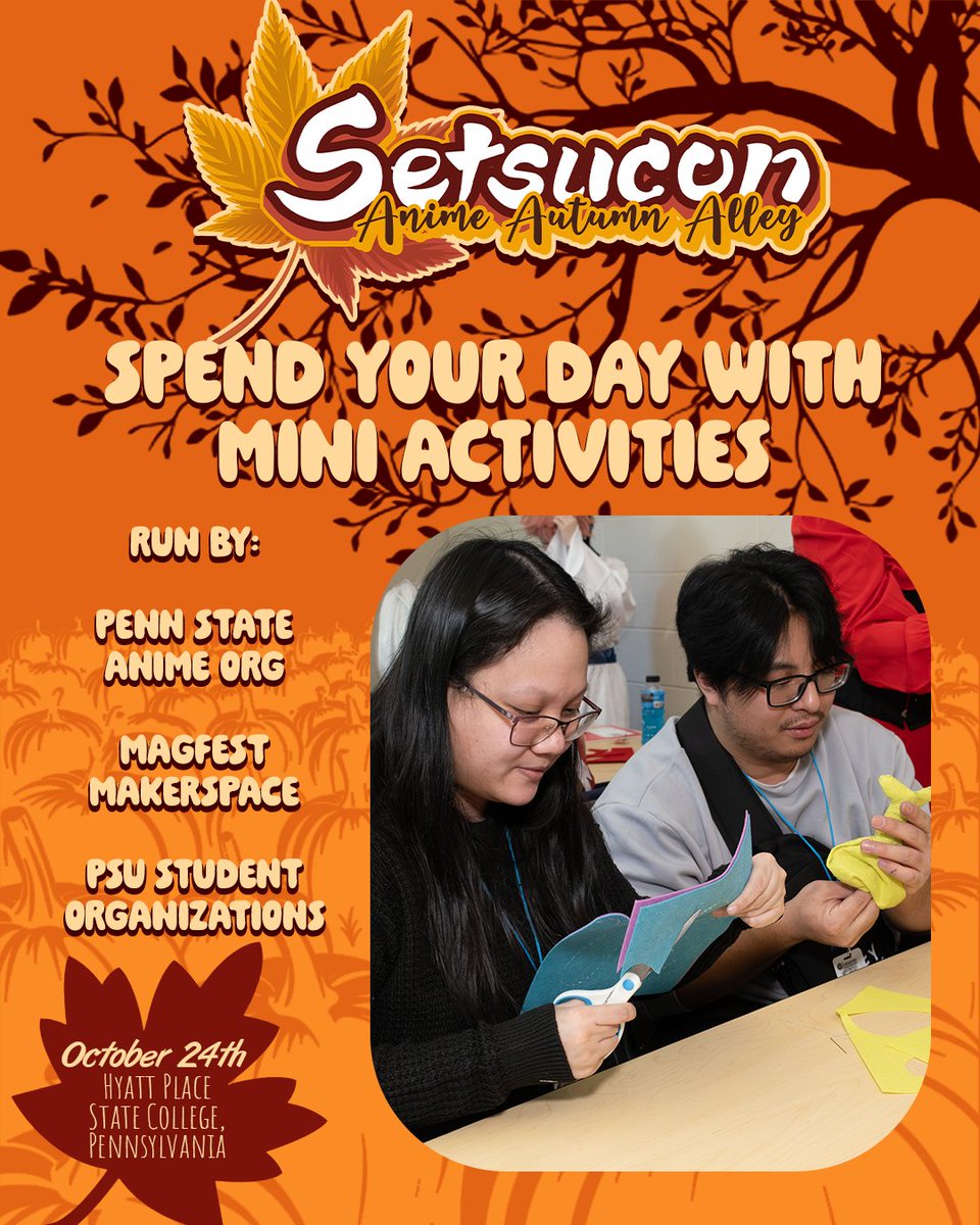 Setsucon's tweet photo. This Saturday we’re packing Setsucon: Anime Autumn Alley 2026 with unique community activities! We’ve teamed up with incredible student organizations and regional groups to bring you a full day of hands-on fun alongside our shopping market: https://t.co/DKPf6B3Ehu https://t.co/YkQgGRbglh