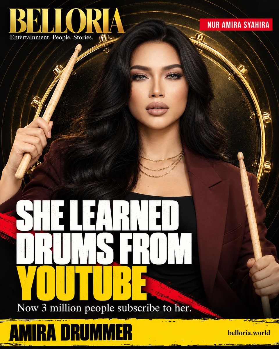 shahfahad00071's tweet photo. She learned the drums from YouTube videos. Nur Amira Syahira now has 3M+ subscribers, a TV3 drama role and a run of Spanish-language pop singles, the latest dated 12 June 2026. Full profile → https://t.co/JGkxcabawT #AmiraDrummer #NurAmiraSyahira #DrumCover #LatinPop https://t.co/hqHPtK25LP