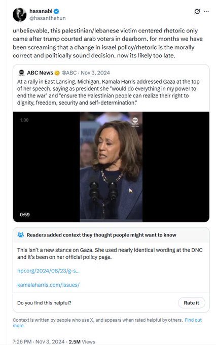 n1ghtkitten's tweet photo. while we’re remembering things, remember when Hasan was getting community noted attacking Kamala Harris on Nov 3rd 2024, when we were up against an impending fascist presidency https://t.co/5ppMCSaYO4