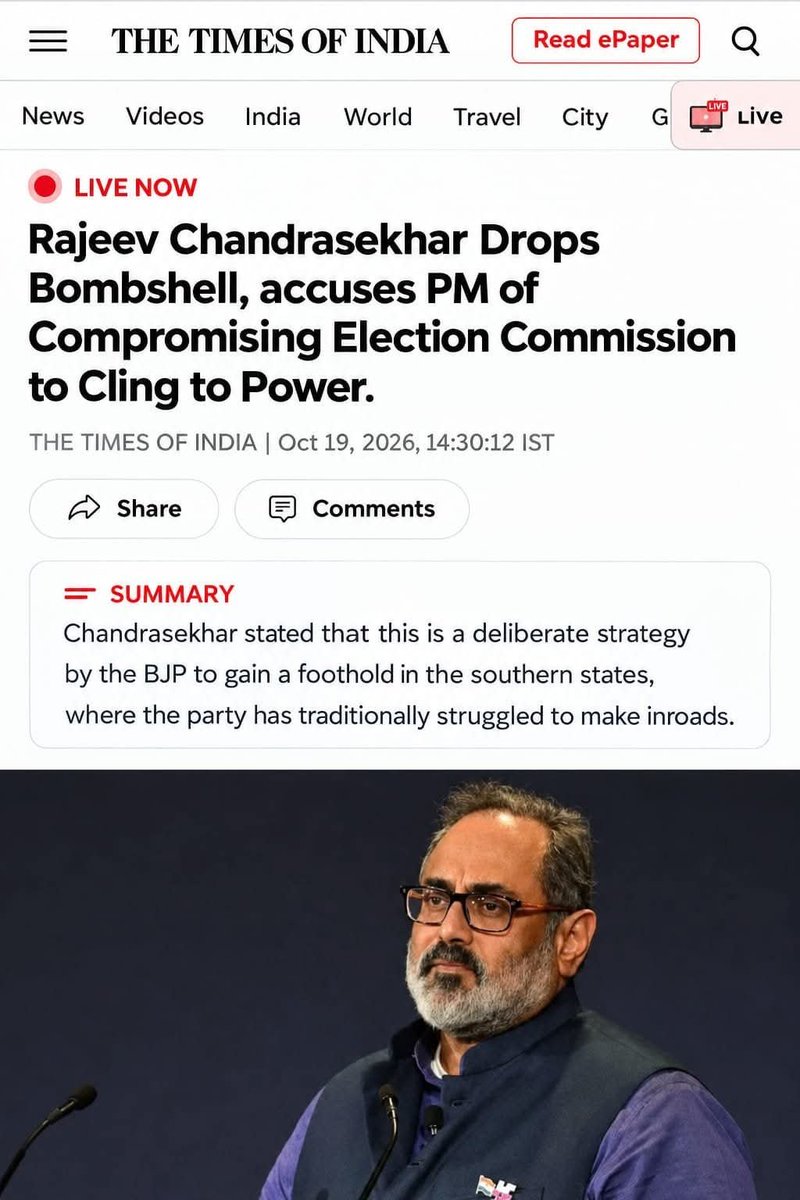 ArunGrover2020's tweet photo. 🚨 Breaking: Rajeev Chandrasekhar’s explosive charge against the PM over the Election Commission raises serious questions about electoral independence. 

Is the BJP’s push into South India about winning public trust or tightening its grip on power? The people deserve answers, not silence.