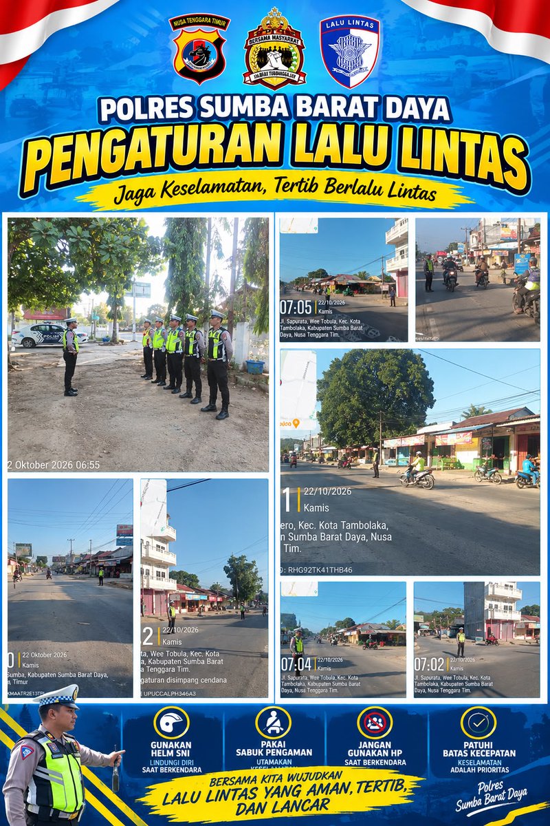 Humassbd_03's tweet photo. Satlantas Polres Sumba Barat Daya melaksanakan Strong Point Pagi di Kota Tambolaka untuk mengatur arus lalu lintas dan mengimbau pengendara tertib berlalu lintas. Aman, tertib, lancar!

#PoldaNTT #PolresSumbaBaratDaya https://t.co/izJItALPG0