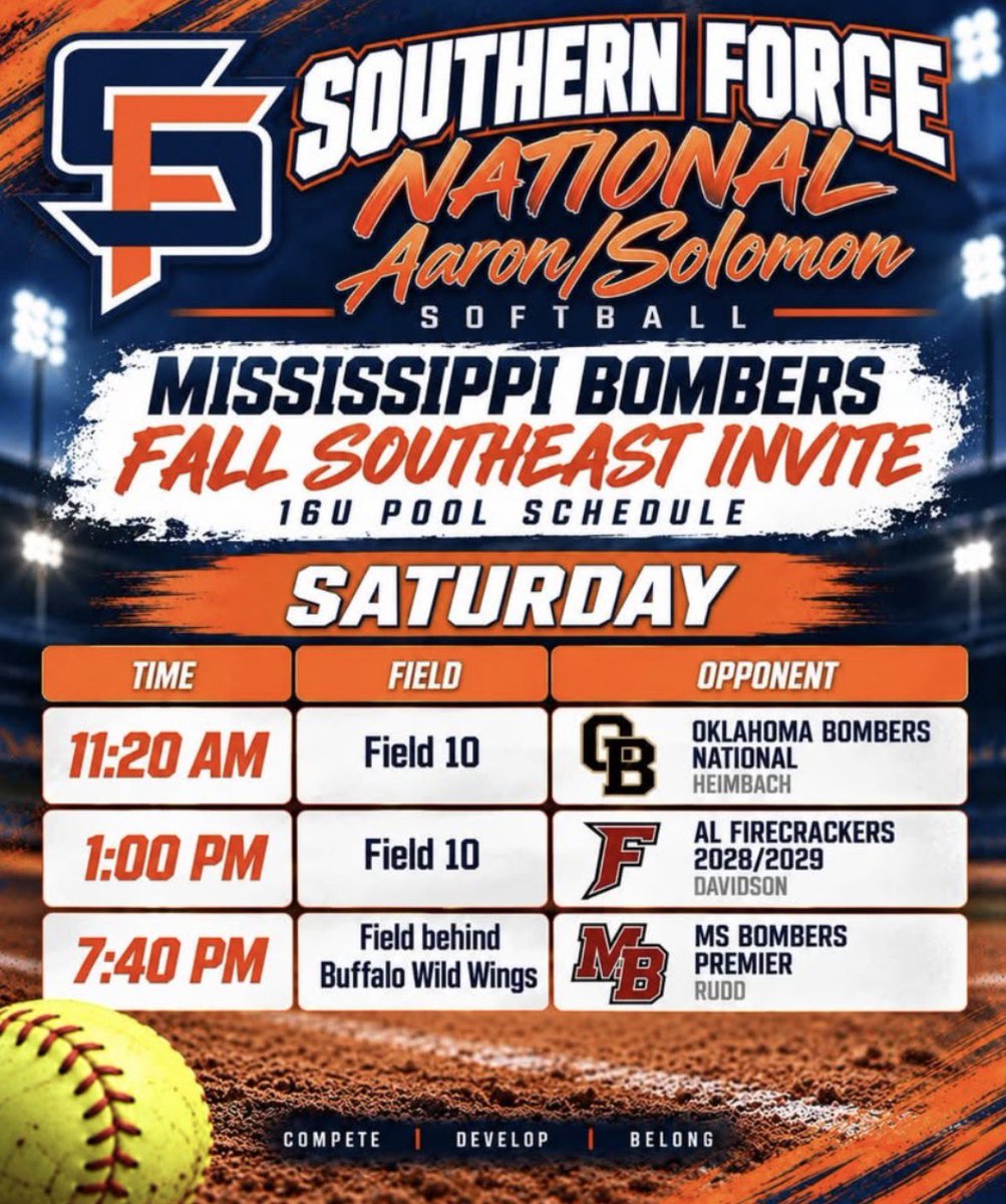 Kate_Kane3's tweet photo. Ready take the field this weekend in Oxford, MS at the Bombers Fall Showcase. Here’s our updated schedule! Hope to see you there!🥎@SFNationalAaron 
@SBRRetweets @SoftballDown @ProspectWireSB @TopPreps @ExtraInningSB @njgatorsgold @NCSA_CoachKK @D1ProScouts @nxt1sports @ALLNJSoftball @gatorjack72 @NCAAsoftball @SoftballRecruit @PGFnetwork @NCAA @NCAADII @NCAADIII @SoftballAmerica
@FastpitchNews @SB_Recruits